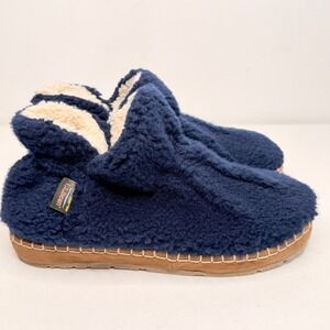 LL Bean Slippers Womens Sz 10 Navy Blue Sherpa Fleece Pile Booties Moc 507186